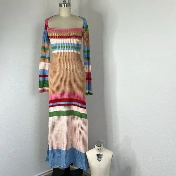 VRG GRL Work of Art Crochet Knit Maxi Bell Sleeve Dress - coffeafoods.com